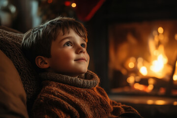 Young boy sitting on couch by fireplace.