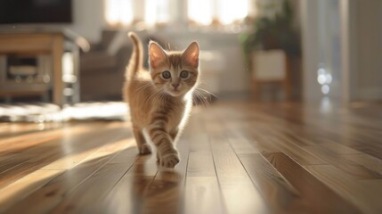 Plakat cute orange tabby kitten walking on shiny wooden floor inside a sunlit living room with a cozy atmosphere