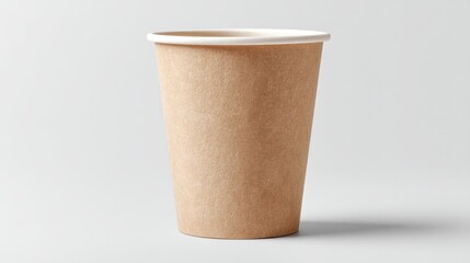 minimalistic image of single recycled paper cup surrounded by ample copy space against clean white background