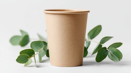 minimalistic image of single recycled paper cup surrounded by ample copy space against clean white background