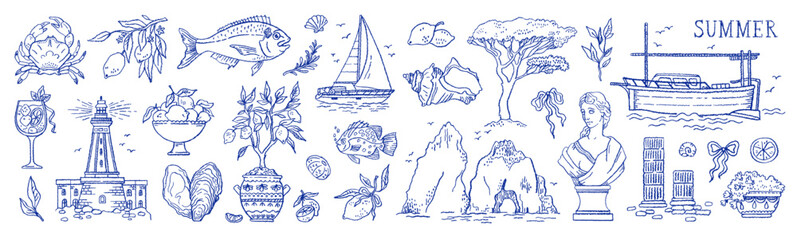 Summer sea beach icons. Summer Italy Amalfi lemon beach vacation. Sea watercolor doodle italian coastal hand drawn set. Crayon sketch boat coast seafood. Mediterranean Greece, Italy vintage design bg