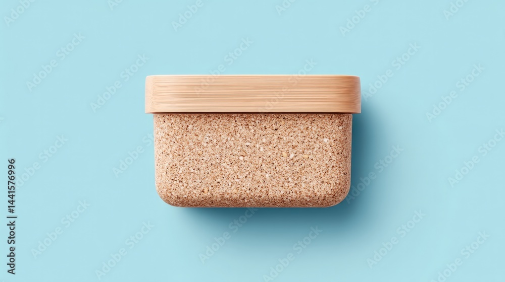 Poster minimalistic top-down view of neatly packed lunch box on clean solid color background