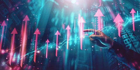 Hand pointing at rising digital arrows and glowing line graph representing growth and progress with futuristic blue and pink light effect