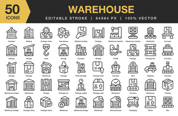 Warehouse icon set. Editable Stroke Icon Collection. Includes shipping, storage, factory, logistics, goods, package, and More. Outline icons vector collection.
