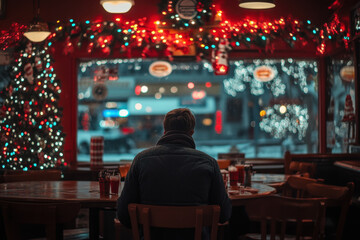 Obraz premium Person sitting at table in front of Christmas tree.