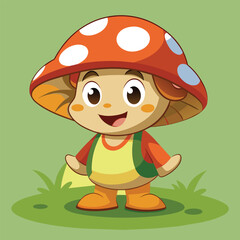 A joyful cartoon character with a large mushroom-shaped hat is smiling, standing on grass, and dressed in colorful clothing, perfect for children's stories or games.