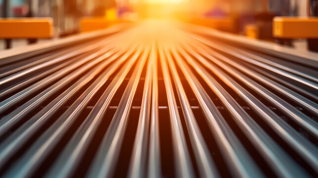Shiny metal rods aligned in parallel inside a factory, highlighted by warm sunlight in an industrial setting.