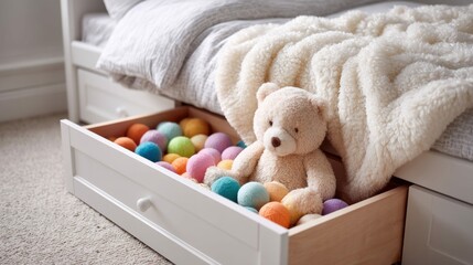 A teddy bear and colorful felt balls rest in a drawer of a white bed in a cozy bedroom.