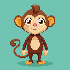 Fototapeta premium A cheerful cartoon monkey stands confidently with a friendly expression. Its big eyes and playful pose make it an inviting character on a vibrant teal backdrop.
