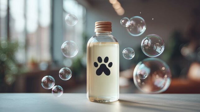 A charming pet shampoo bottle with paw print and playful bubbles, designed for pet care.