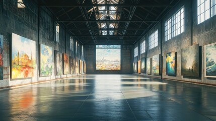Art Gallery in Industrial Warehouse: A Stunning Display of Colorful Paintings