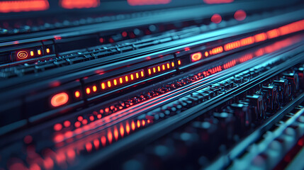 Close-up view of illuminated server racks with vibrant red and blue LED lights in a modern data center.