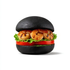 Shrimp burger with black bun isolated on white background
