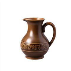 Brown ceramic pitcher with handle isolated on white background