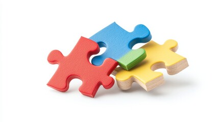 Fototapeta premium Colorful Wooden Puzzle Pieces Stacked Together on a Clean White Background