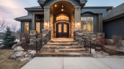 Fototapeta premium Elegant stone entryway of a modern house with double doors, ambient lighting, and landscaped surroundings at dusk.