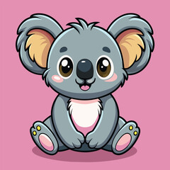 A charming cartoon koala is seated on a bright pink background, displaying large, expressive eyes and a delightful smile, creating a joyful and whimsical atmosphere.