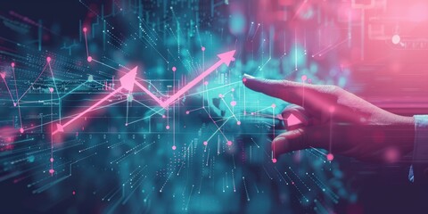 Hand interacting with glowing pink digital data visualization of rising arrows and graphs on futuristic blue and pink background symbolizing growth and technology