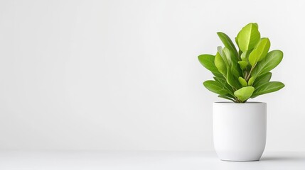 A green potted plant sitting on a white surface against a minimalist white background, and showcasing simplicity and modern interior design.