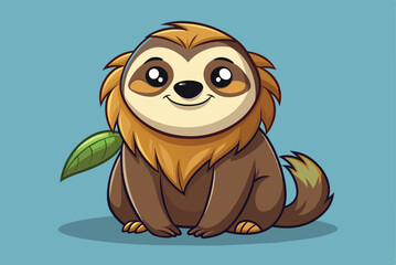 A cartoon sloth sits happily with a friendly grin, complemented by a green leaf nearby and a light blue background, exuding a sense of joy and tranquility.
