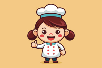 A young chef with pigtails and a classic chef's hat happily gives a thumbs up, representing enthusiasm for cooking in a warm kitchen atmosphere.
