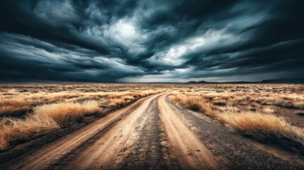 A dirt road winds through a vast landscape under a dramatic, stormy sky.