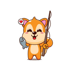 Cute squirrel cartoon vector illustration catching fish with fishing rod