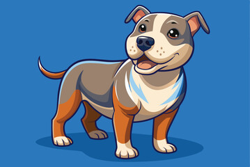 Obraz premium A cartoon dog with a gray and white coat stands happily on a bright blue background, exuding a playful and friendly personality, ready to engage with its owner.