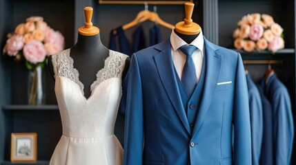 Elegant wedding dress and a tailored blue suit displayed in a fashion boutique setting.