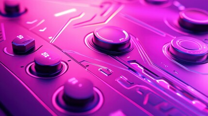Close-up view of futuristic control panel illuminated in vibrant hues.