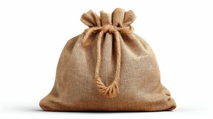 A full burlap sack, tied with a drawstring, presents a rustic and organic aesthetic.