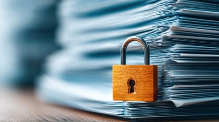Naklejka premium A padlock placed in front of a pile of documents, highlighting data protection and security.