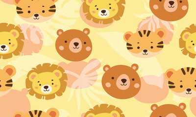 kids seamless pattern, cute forest animal lion tiger bear tropical leaves seamless pattern, paper, textile, fabric, packaging - vector illustration, baby, childish, animal face