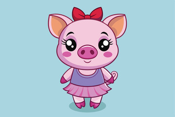 Fototapeta premium A cheerful cartoon pig with a pink color scheme, adorned with a red bow, wears a purple top and pink tutu, radiating a fun, playful vibe against a light blue background.