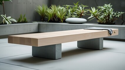 Light beige wooden park bench in outdoor setting