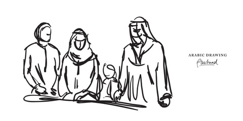 Arabic family freehand drawing, Sketch Hand drawn Drawing design.