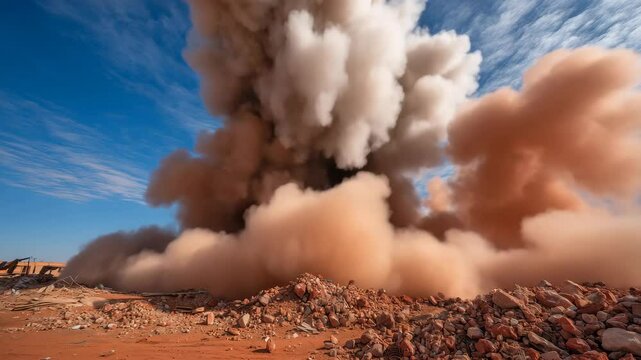 An explosion in the desert with lots of dust and debris flying everywhere
