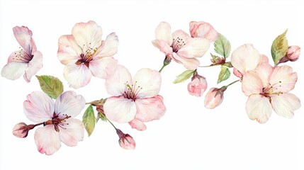 Naklejka premium Delicate watercolor illustration of pink cherry blossoms with green leaves on white background.