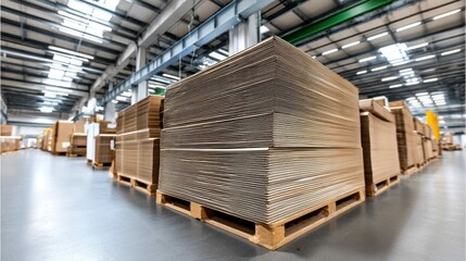 A wide angle shot of a warehouse stacked with large quantities of cardboard sheets on pallets.