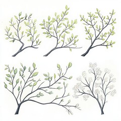 Obraz premium Five illustrated tree branches at different growth stages, some with green leaves and one with white blossoms, on a white background.