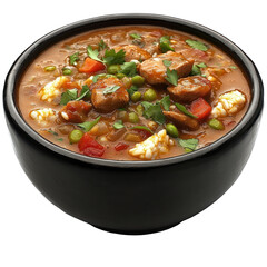 Gumbo in a black bowl isolated on white or transparent background