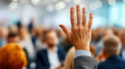 A man's hand raised high during a business meeting, seeking to participate or provide feedback.
