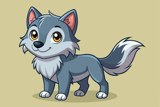 A playful cartoon wolf stands upright, showcasing a cheerful demeanor with big eyes and a fluffy tail, perfect for engaging children in stories or educational content.