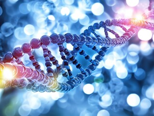 Highly detailed and vibrant digital illustration of a double helix DNA strand with colorful illuminated background in a futuristic scientific style