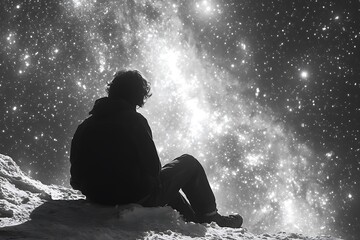 Obraz premium Silhouetted figure gazes at a starry night sky.