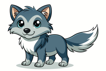 Fototapeta premium A charming cartoon wolf with big expressive eyes and a fluffy tail stands happily, exuding a sense of friendliness and playfulness, perfect for children's stories.