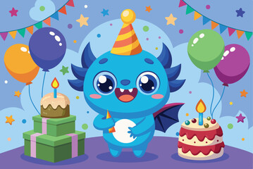 Brightly colored blue dragon character, wearing a party hat, stands joyfully among balloons, two birthday cakes, and gifts, embodying a vibrant birthday celebration.