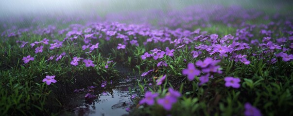 A profusion of purple flowers in a misty field.