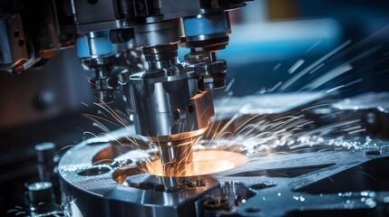 CNC 工作機械による金属加工のクローズアップ 金属の火花と青い光が特徴的な製造プロセス