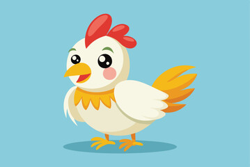 Fototapeta premium A cheerful cartoon chicken stands with a lively expression, showcasing its colorful feathers and a charming personality against a bright blue backdrop.